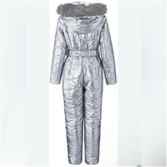Women's Puffer Waterproof Snow Suit Faux Fur Hood Hood Size M NWOT Zip Legs Belt - Picture 2 of 9
